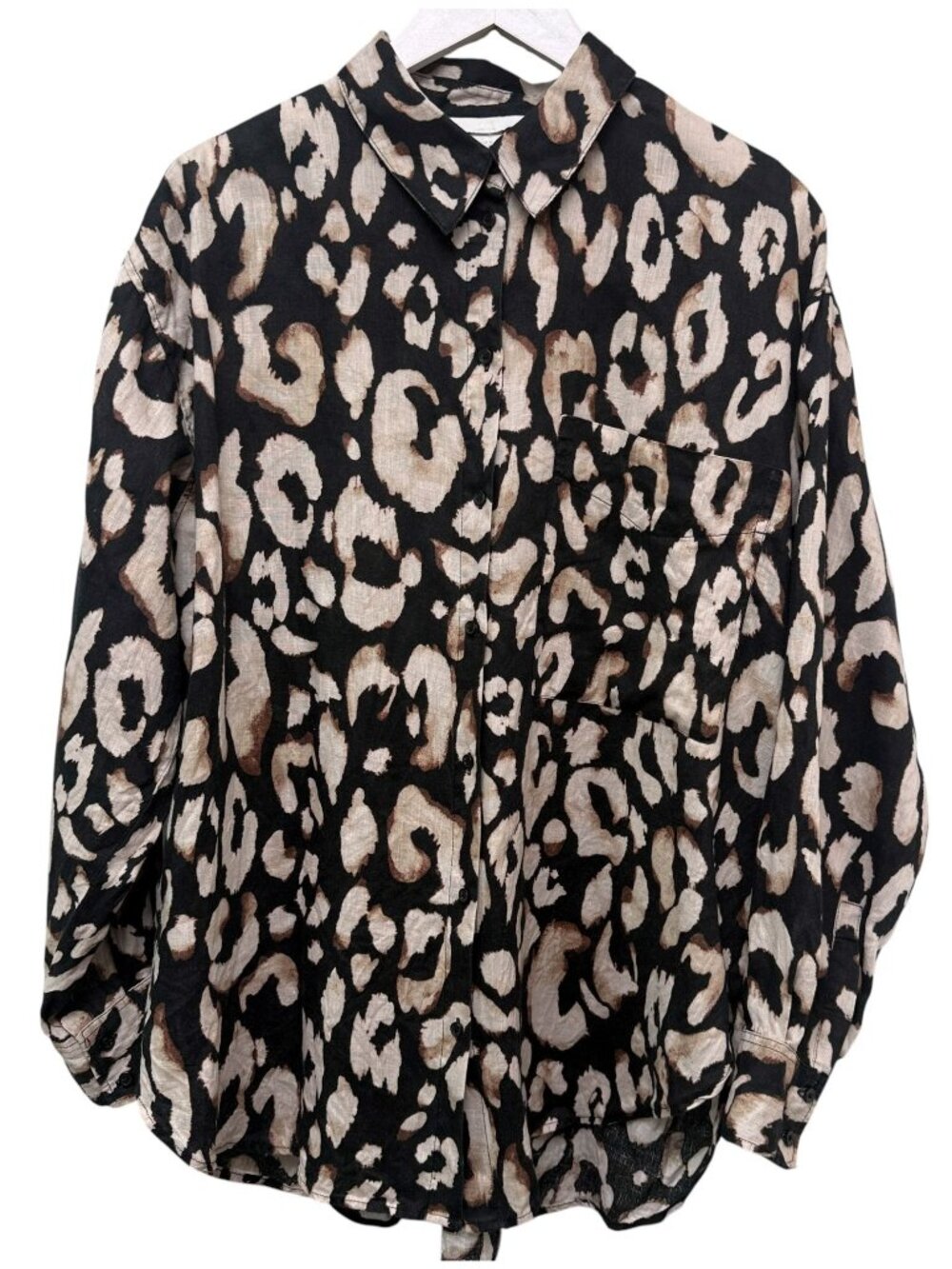 H&M Womens Linen Shirt Medium Black Leopard Button Up Oversized Womens Top